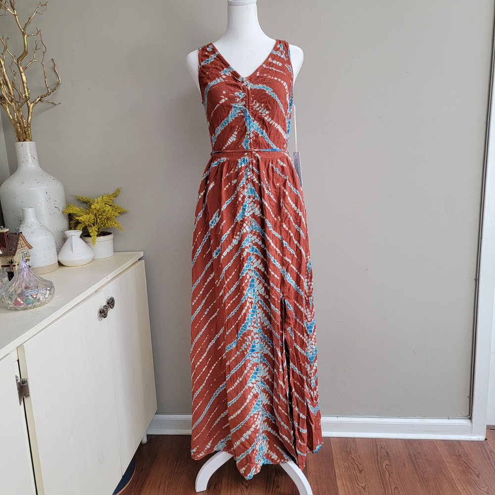 Young Fabulous & Broke Rust Maxi Dress with Blue Pattern Size Small